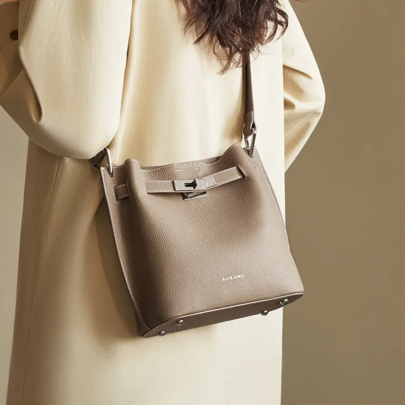 AOKANG Top Grain Cow Leather Bucket Bag Shoulder Bag Crossbody Bag Shoulder Bag Women's Elephant Gray/Classic Black-1