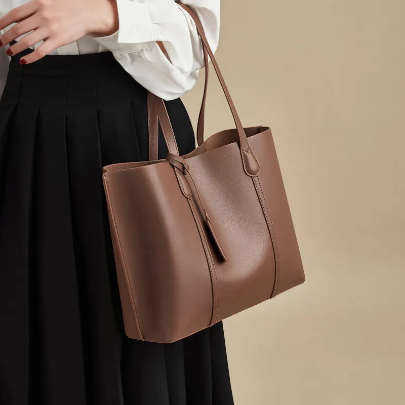 AOKANG Cow Leather Tote Bag, Shoulder Bag, Handbag, Schooling Bag Large Size Women's Coffee-4