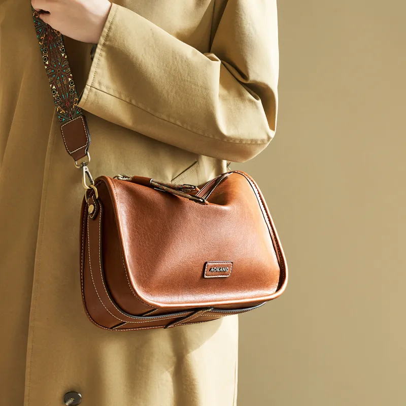 AOKANG Cow Leather Pillow Bag, Shoulder Bag, Crossbody Bag Medium Size Women's Cocoa Coffee/Gold Brown/Vintage Black-7
