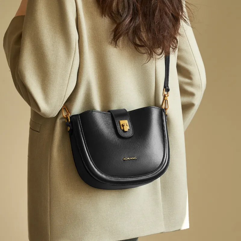 AOKANG Cow Leather Saddle Bags Shoulder Bags Mini Women's Caramel Brown/Classic Black/Ecru-8