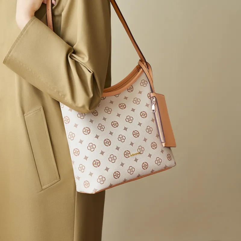 AOKANG PVC Shoulder Bag Tote Medium Size Women's Coffee/Ecru-9