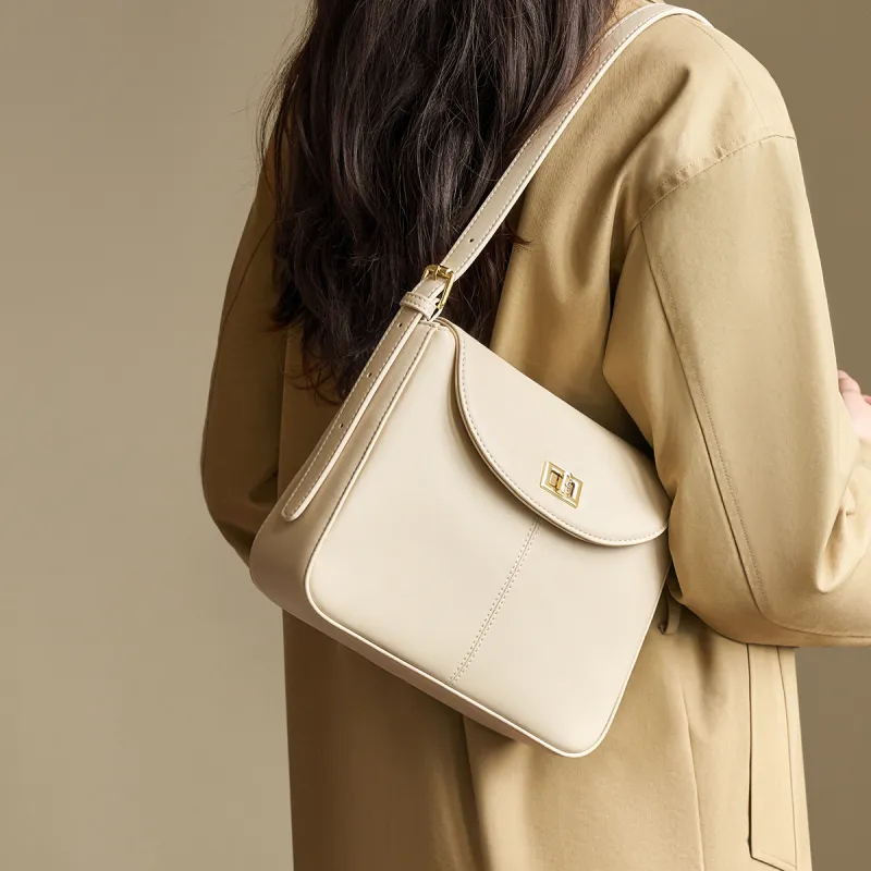 AOKANG Cow Leather Small Square Bag, Shoulder Bag, Crossbody Bag Regular Women's Coffee/Ecru/Gold Brown-8