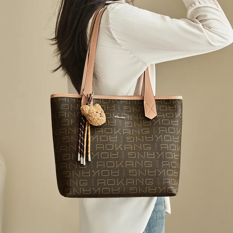 AOKANG PVC With Synthetic Leather Tote Bag, Shopping Bag, Shoulder Bag Tubas Women's Coffee/Ecru-2