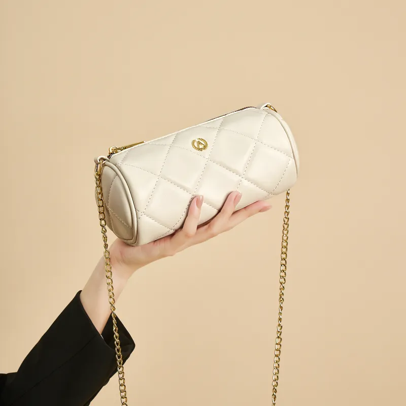 AOKANG Synthetic Leather Cylinder Diamond Pattern Chain Shoulder Bag Women's Classic Black/Ecru-1
