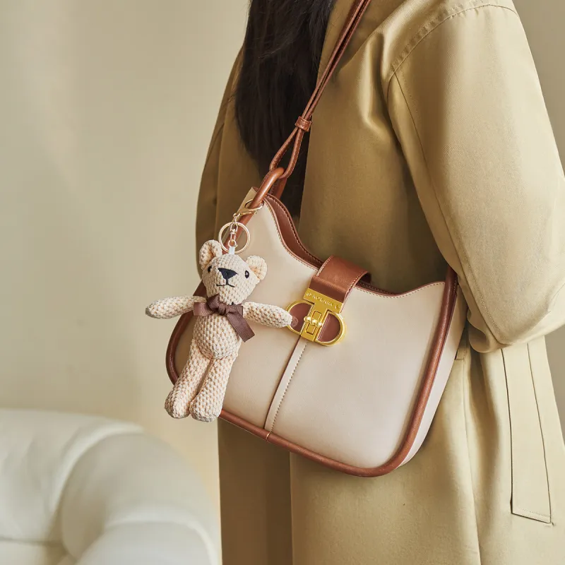 AOKANG Cow Leather Shoulder Bag Saddle Bag Shoulder Bag Medium Size Women's Off-White/Caramel Brown/Classic Black-3