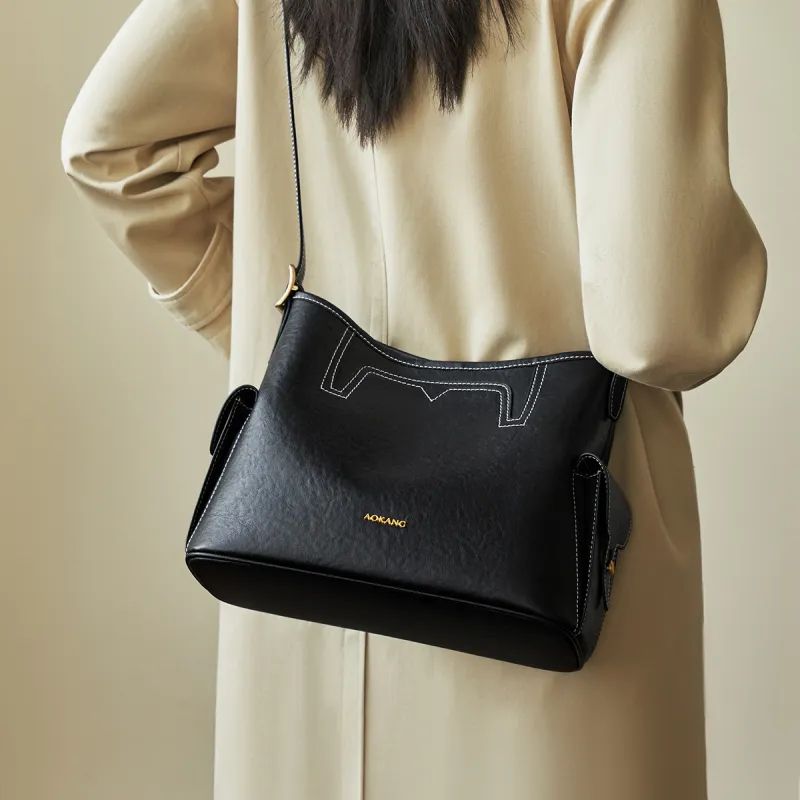 AOKANG Top Grain Cow Leather Tote Shoulder Bag Hobo Crossbody Bag Large Size Women's Sandalwood Brown/Smoke Ink Black-7