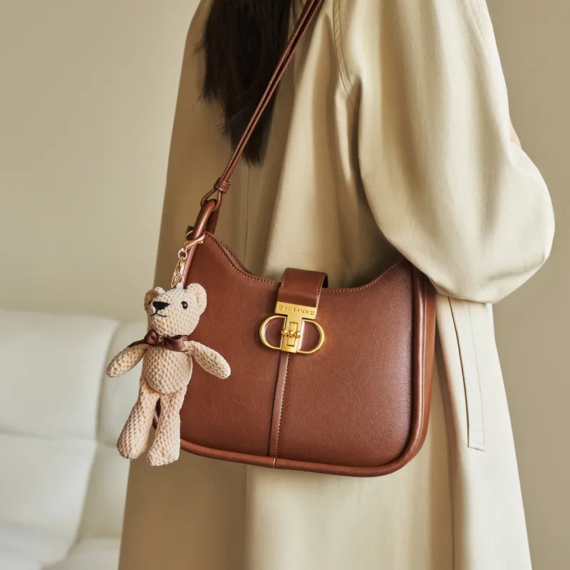 AOKANG Cow Leather Shoulder Bag Saddle Bag Shoulder Bag Medium Size Women's Off-White/Caramel Brown/Classic Black-8