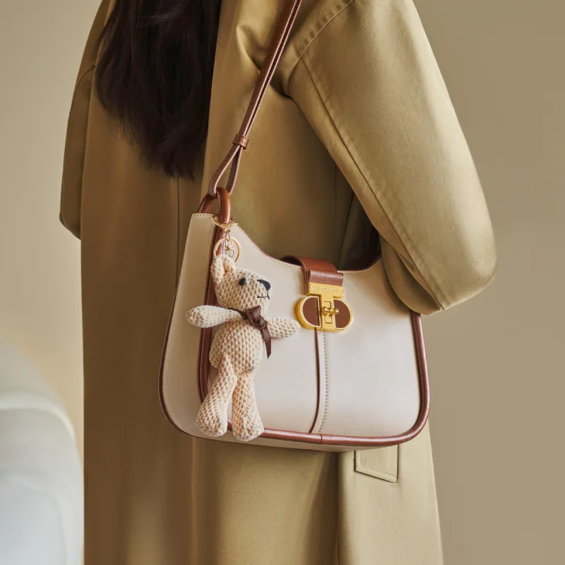 AOKANG Cow Leather Shoulder Bag Saddle Bag Shoulder Bag Medium Size Women's Off-White/Caramel Brown/Classic Black-2
