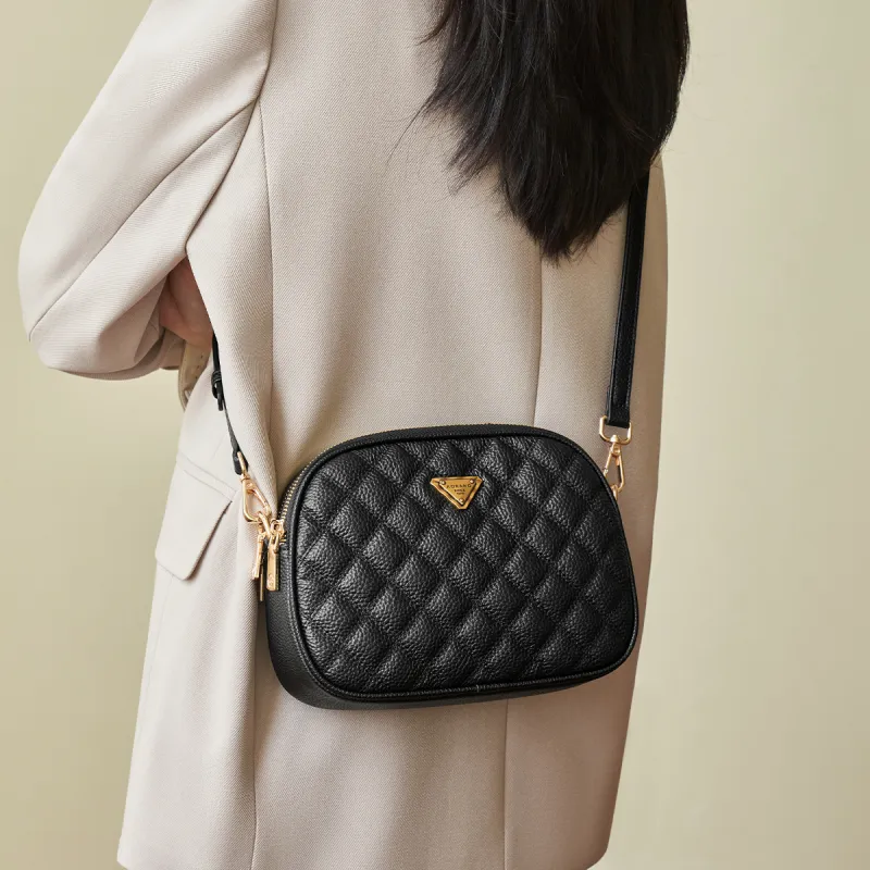 AOKANG Cow Leather Small Round Bag With Diamond Pattern, One Shoulder Crossbody Bag Regular Women's Classic Black/Ecru-2