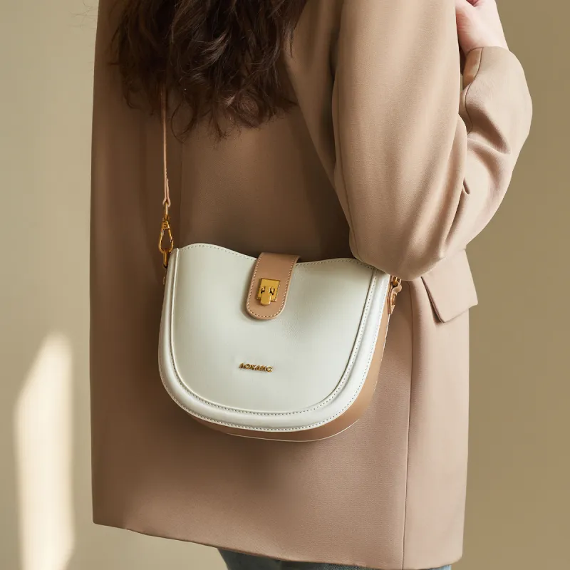 AOKANG Cow Leather Saddle Bags Shoulder Bags Mini Women's Caramel Brown/Classic Black/Ecru-11