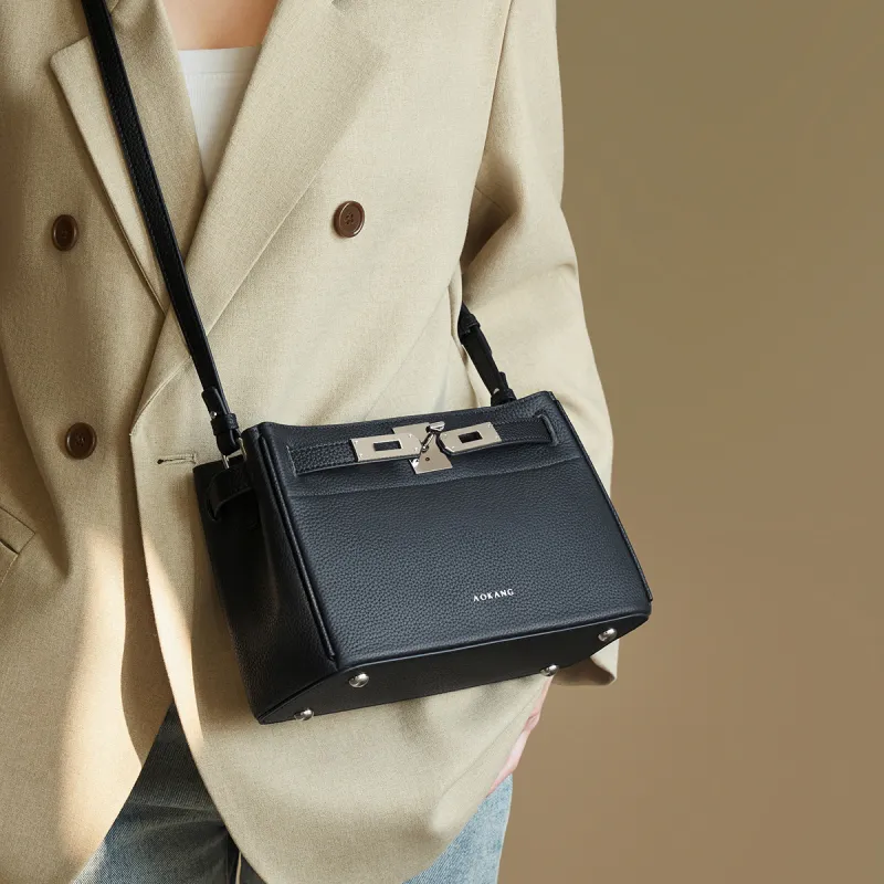 AOKANG Cow Leather Kelly Bag Shoulder Bag Medium Size Women's Elephant Gray/Classic Black-7