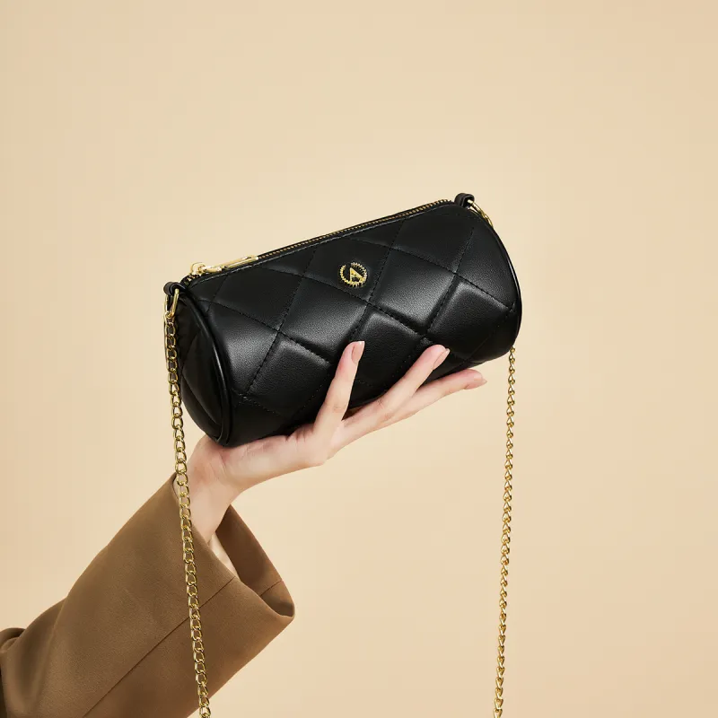 AOKANG Synthetic Leather Cylinder Diamond Pattern Chain Shoulder Bag Women's Classic Black/Ecru-5