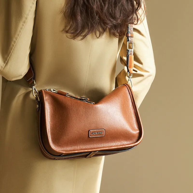 AOKANG Cow Leather Pillow Bag, Shoulder Bag, Crossbody Bag Medium Size Women's Cocoa Coffee/Gold Brown/Vintage Black-6