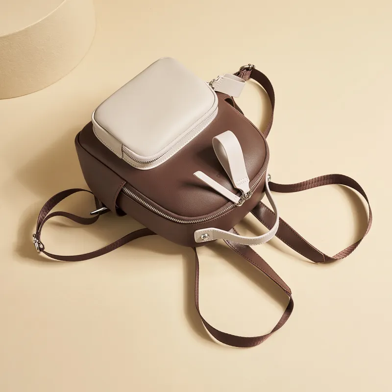 AOKANG Cow Leather With Synthetic Leather Backpack Medium Size Women's Beige Apricot/Coffee & White/Classic Black-6