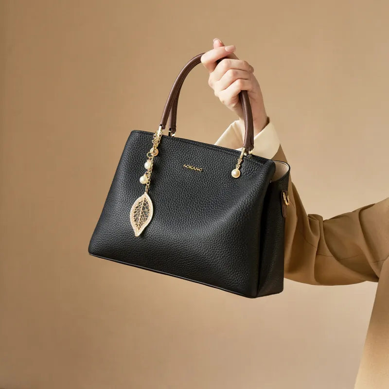 AOKANG Cow Leather Tote Handbag, Shoulder Bag, Crossbody Bag Women's Ecru/Classic Black/Pearl Blue-8
