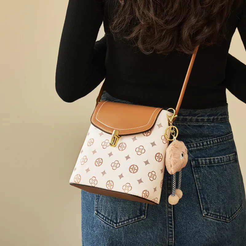 AOKANG PVC Bucket Bag, Shoulder Bag, Crossbody Bag, Monogram Bag Small Size Women's Coffee/Ecru-5