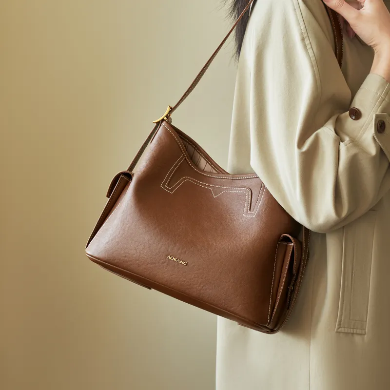AOKANG Top Grain Cow Leather Tote Shoulder Bag Hobo Crossbody Bag Large Size Women's Sandalwood Brown/Smoke Ink Black-2