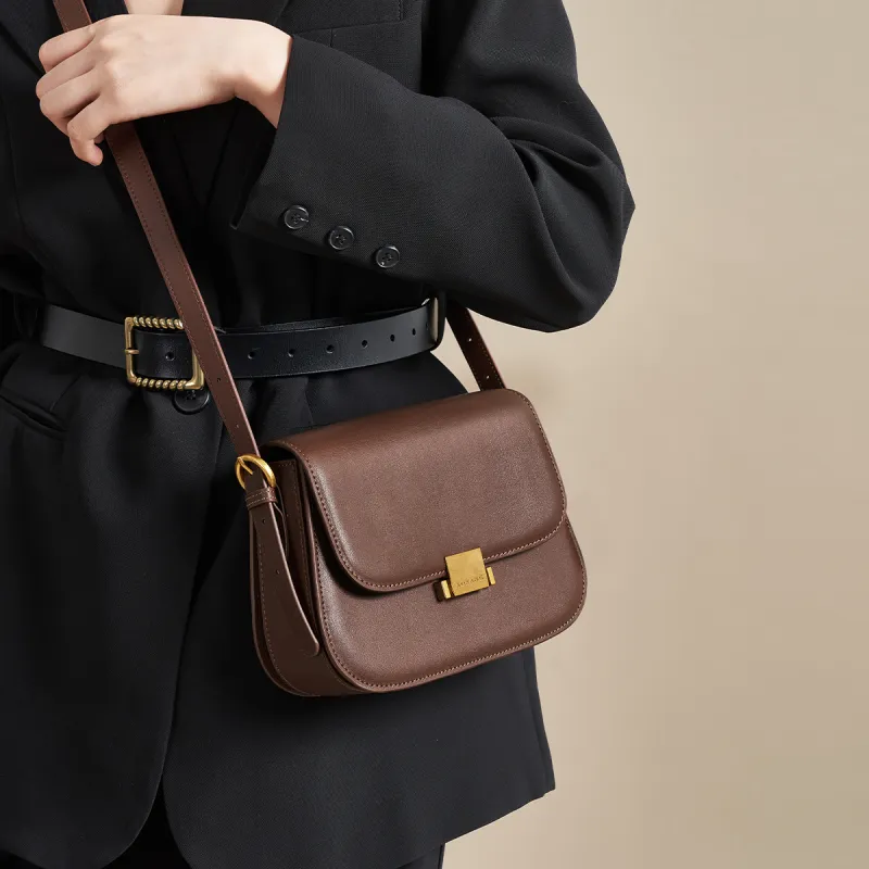 AOKANG Cow Leather Tofu Bag, Shoulder Bag, Crossbody Bag, Small Square Bag Regular Women's Cocoa Coffee/Ecru-3