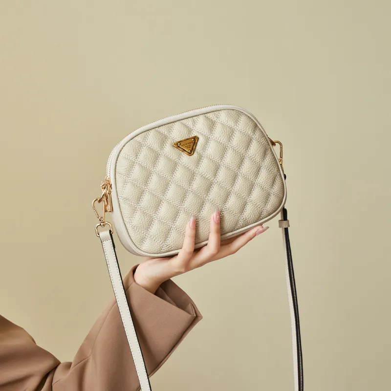 AOKANG Cow Leather Small Round Bag With Diamond Pattern, One Shoulder Crossbody Bag Regular Women's Classic Black/Ecru-5