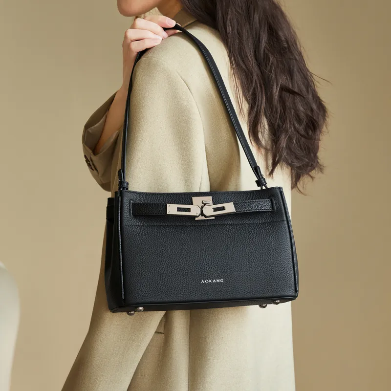 AOKANG Cow Leather Kelly Bag Shoulder Bag Medium Size Women's Elephant Gray/Classic Black-8