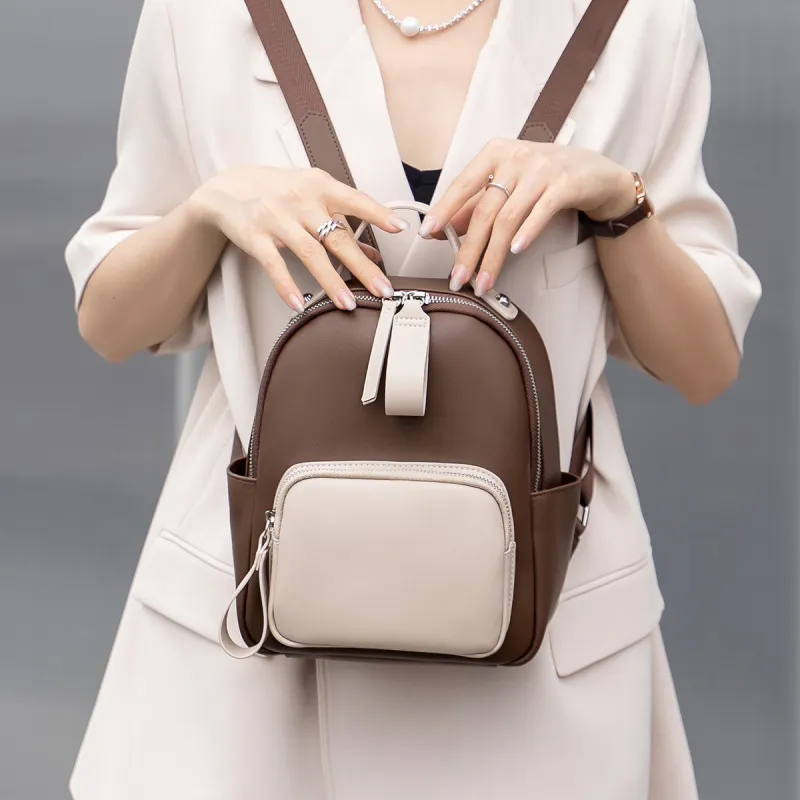 AOKANG Cow Leather With Synthetic Leather Backpack Medium Size Women's Beige Apricot/Coffee & White/Classic Black-5