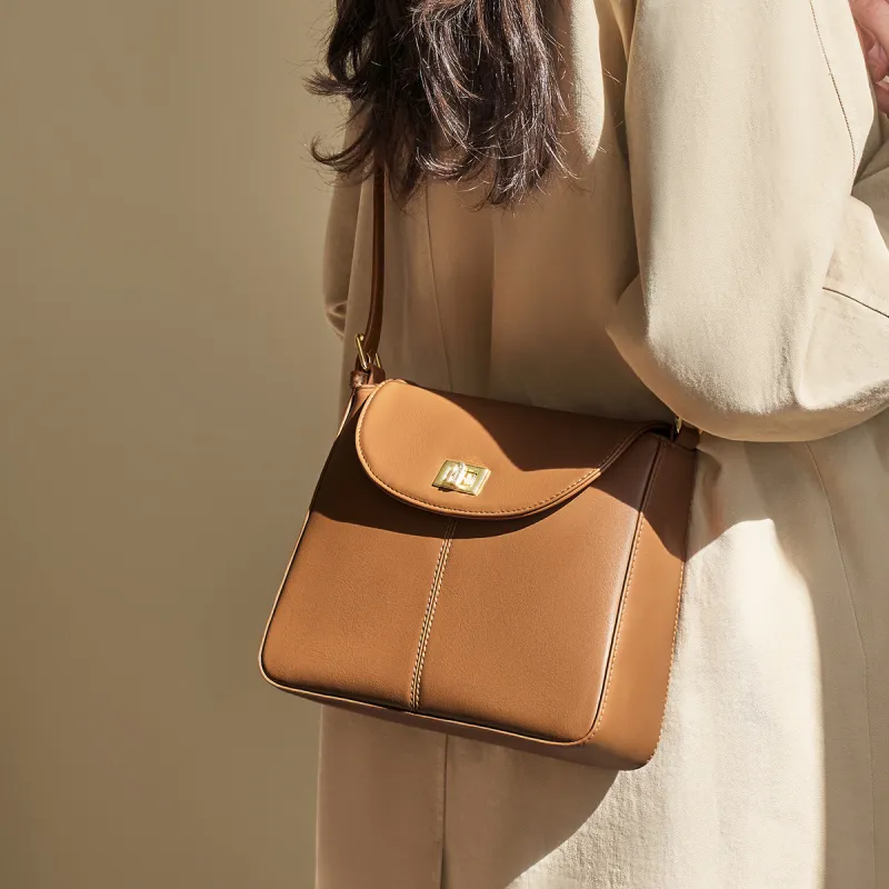 AOKANG Cow Leather Small Square Bag, Shoulder Bag, Crossbody Bag Regular Women's Coffee/Ecru/Gold Brown-14