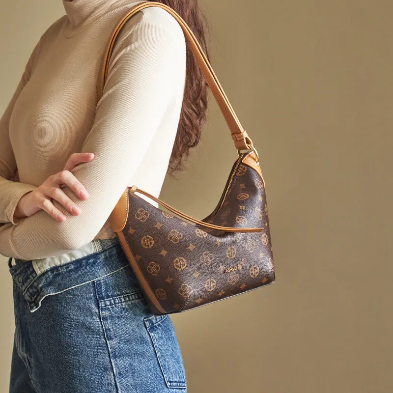 AOKANG PVC Shoulder Bag, Croissant Bag, Shoulder Bag Mini Women's Coffee/Ecru-2