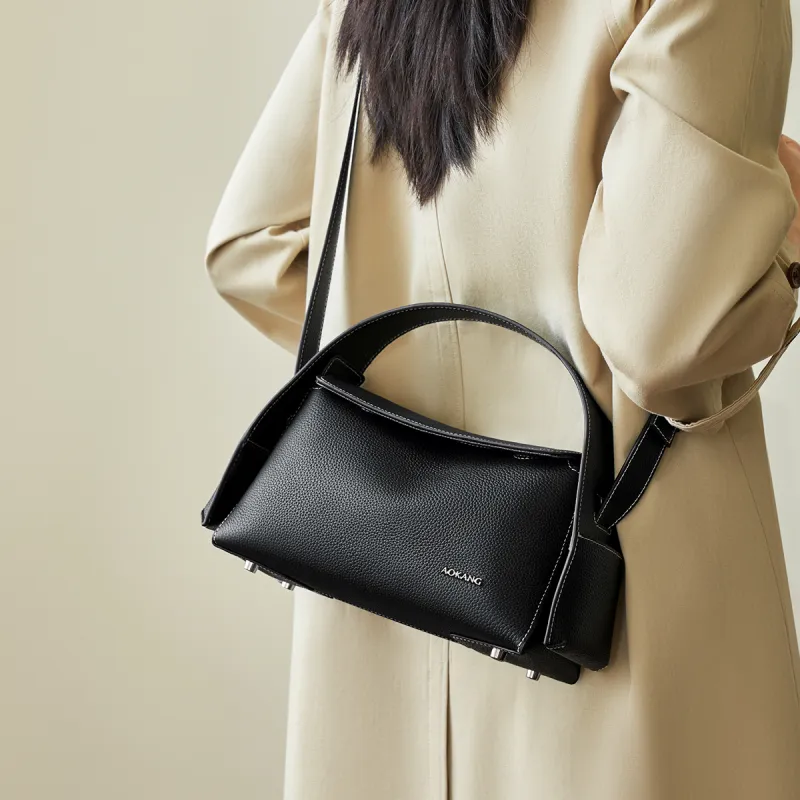 AOKANG Cow Leather Shoulder Bag, Crossbody Bag, Pillow Handbag Women's Elephant Gray/Smoky Ink Black-7
