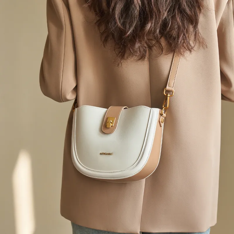 AOKANG Cow Leather Saddle Bags Shoulder Bags Mini Women's Caramel Brown/Classic Black/Ecru-13