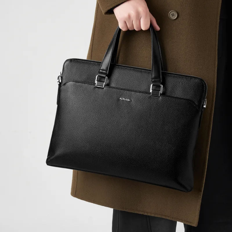 AOKANG Top Grain Cow Leather Briefcase, Laptop Bag, Handbag Regular Men's Classic Black-3