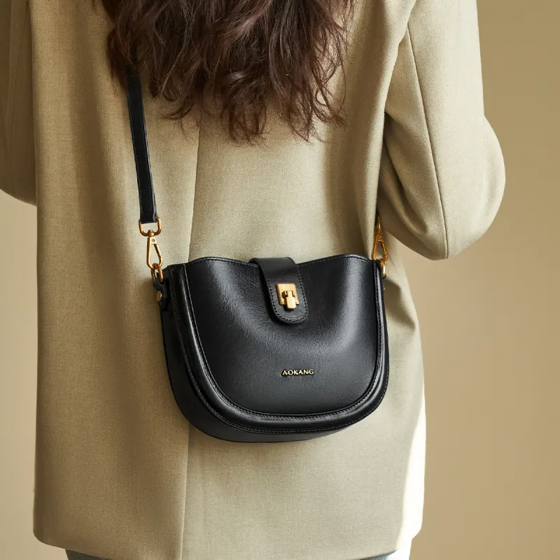 AOKANG Cow Leather Saddle Bags Shoulder Bags Mini Women's Caramel Brown/Classic Black/Ecru-7
