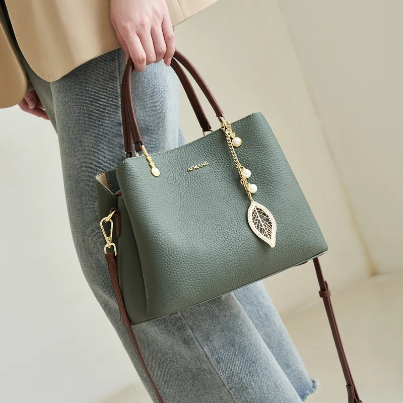 AOKANG Cow Leather Tote Handbag, Shoulder Bag, Crossbody Bag Women's Ecru/Classic Black/Pearl Blue-14