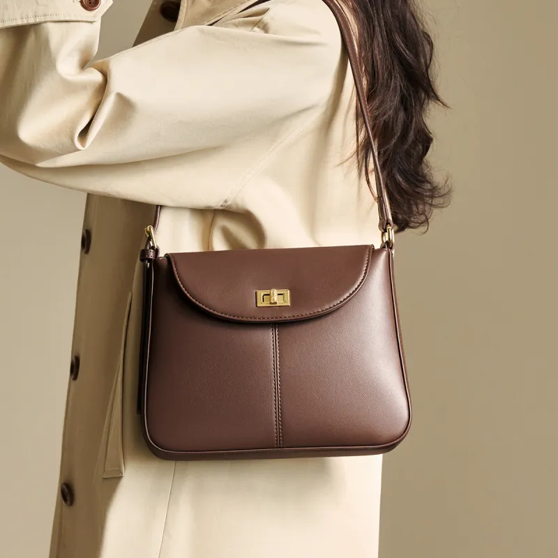 AOKANG Cow Leather Small Square Bag, Shoulder Bag, Crossbody Bag Regular Women's Coffee/Ecru/Gold Brown-1