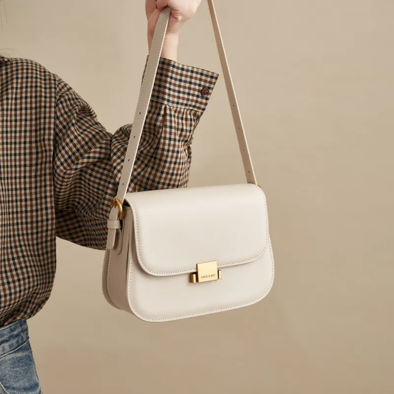 AOKANG Cow Leather Tofu Bag, Shoulder Bag, Crossbody Bag, Small Square Bag Regular Women's Cocoa Coffee/Ecru-11