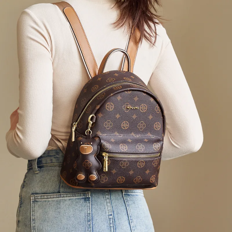AOKANG PVC Backpack, Shoulder Bag, Travel Bag, Handbag Small Size Women's Coffee/Ecru-2