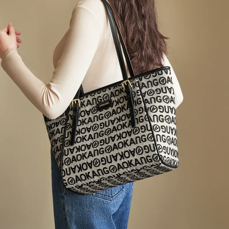 AOKANG Fabric, Synthetic Leather Tote Bag, Shoulder Bag Large Size Women's Classic Black/Ebony-3