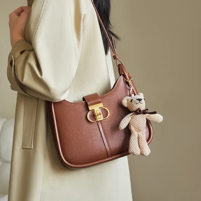 AOKANG Cow Leather Shoulder Bag Saddle Bag Shoulder Bag Medium Size Women's Off-White/Caramel Brown/Classic Black-6