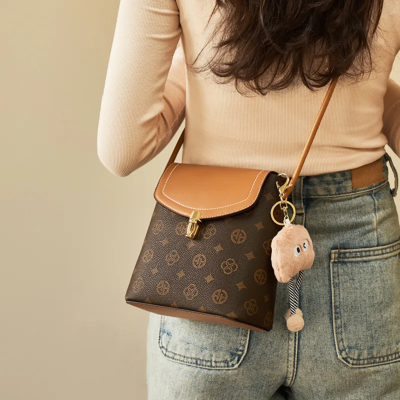 AOKANG PVC Bucket Bag, Shoulder Bag, Crossbody Bag, Monogram Bag Small Size Women's Coffee/Ecru-1