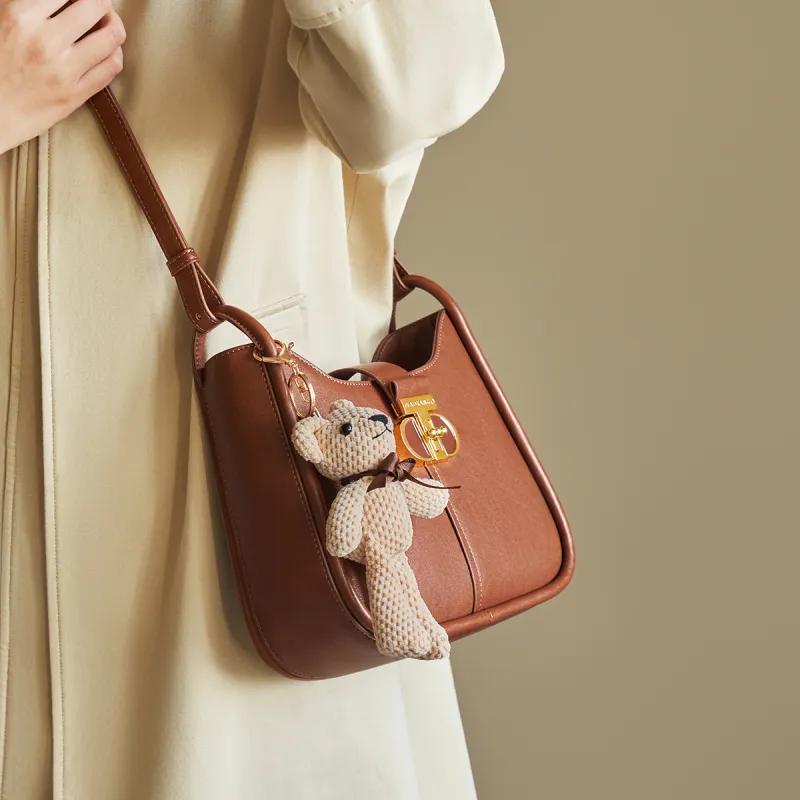 AOKANG Cow Leather Shoulder Bag Saddle Bag Shoulder Bag Medium Size Women's Off-White/Caramel Brown/Classic Black-9