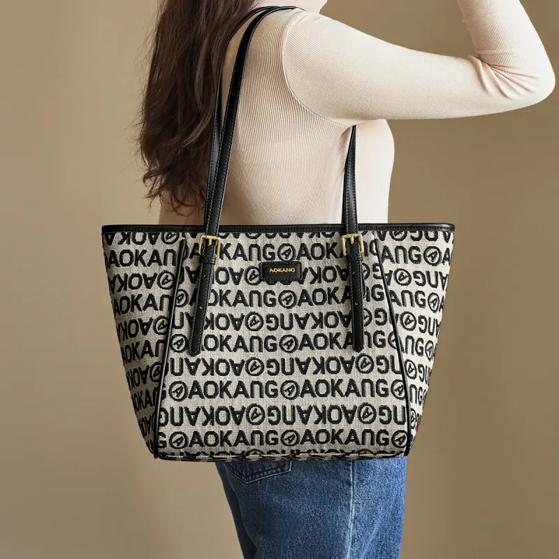 AOKANG Fabric, Synthetic Leather Tote Bag, Shoulder Bag Large Size Women's Classic Black/Ebony-1