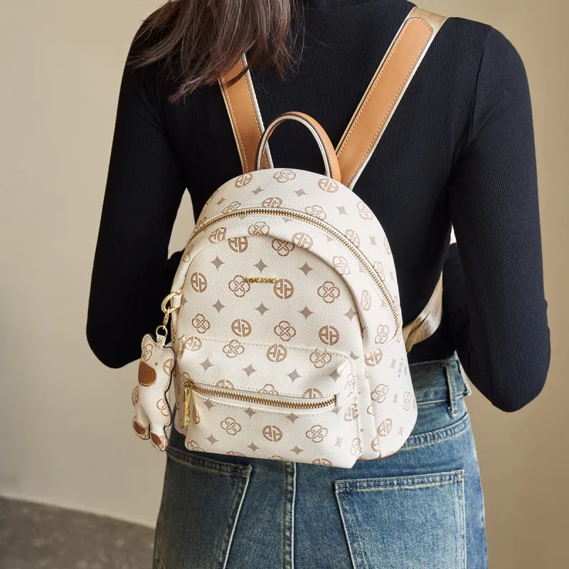 AOKANG PVC Backpack, Shoulder Bag, Travel Bag, Handbag Small Size Women's Coffee/Ecru-5
