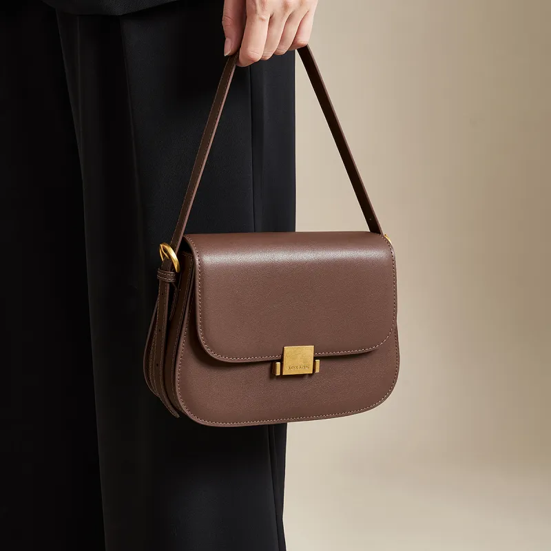 AOKANG Cow Leather Tofu Bag, Shoulder Bag, Crossbody Bag, Small Square Bag Regular Women's Cocoa Coffee/Ecru-1