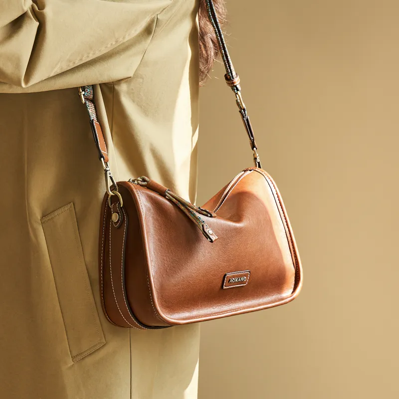 AOKANG Cow Leather Pillow Bag, Shoulder Bag, Crossbody Bag Medium Size Women's Cocoa Coffee/Gold Brown/Vintage Black-5