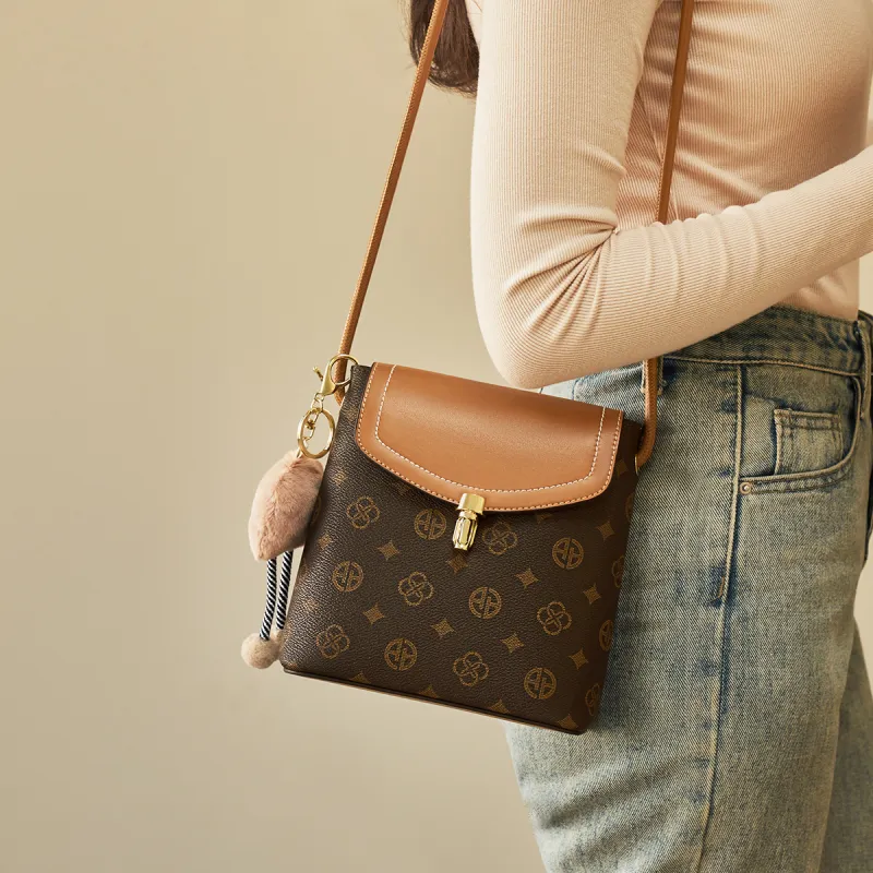 AOKANG PVC Bucket Bag, Shoulder Bag, Crossbody Bag, Monogram Bag Small Size Women's Coffee/Ecru-3