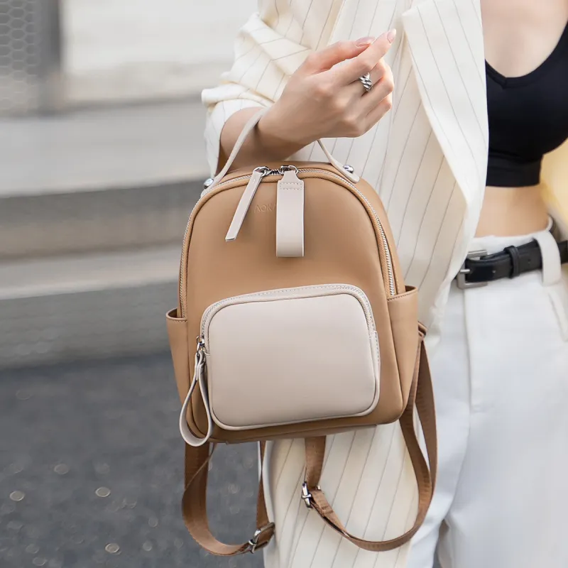 AOKANG Cow Leather With Synthetic Leather Backpack Medium Size Women's Beige Apricot/Coffee & White/Classic Black-2