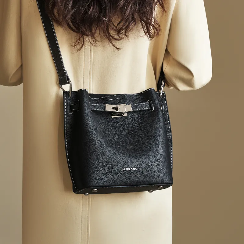 AOKANG Top Grain Cow Leather Bucket Bag Shoulder Bag Crossbody Bag Shoulder Bag Women's Elephant Gray/Classic Black-7