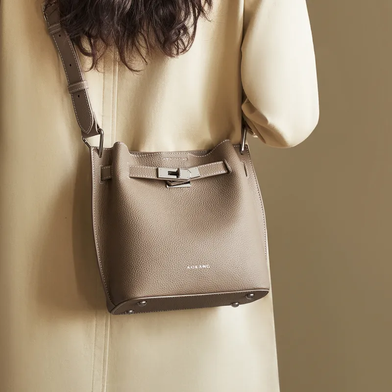 AOKANG Top Grain Cow Leather Bucket Bag Shoulder Bag Crossbody Bag Shoulder Bag Women's Elephant Gray/Classic Black-3
