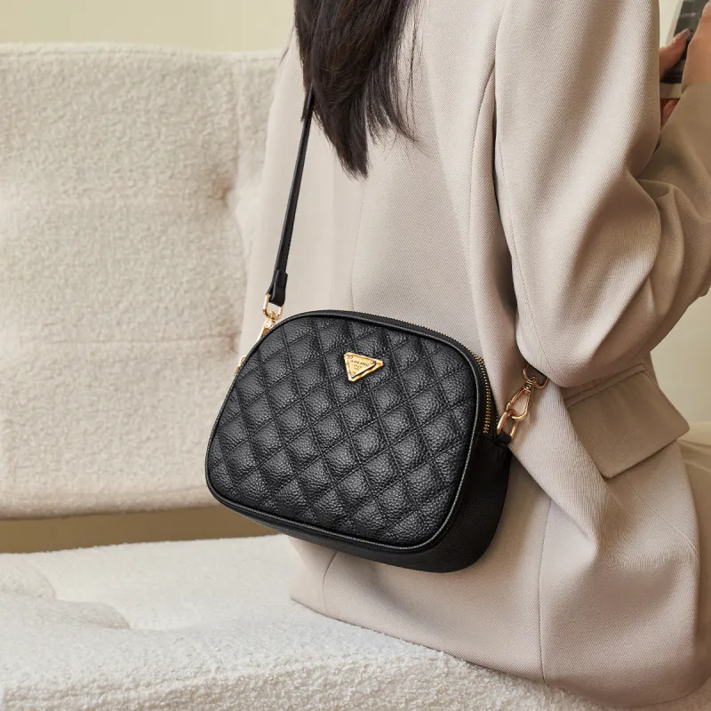 AOKANG Cow Leather Small Round Bag With Diamond Pattern, One Shoulder Crossbody Bag Regular Women's Classic Black/Ecru-1