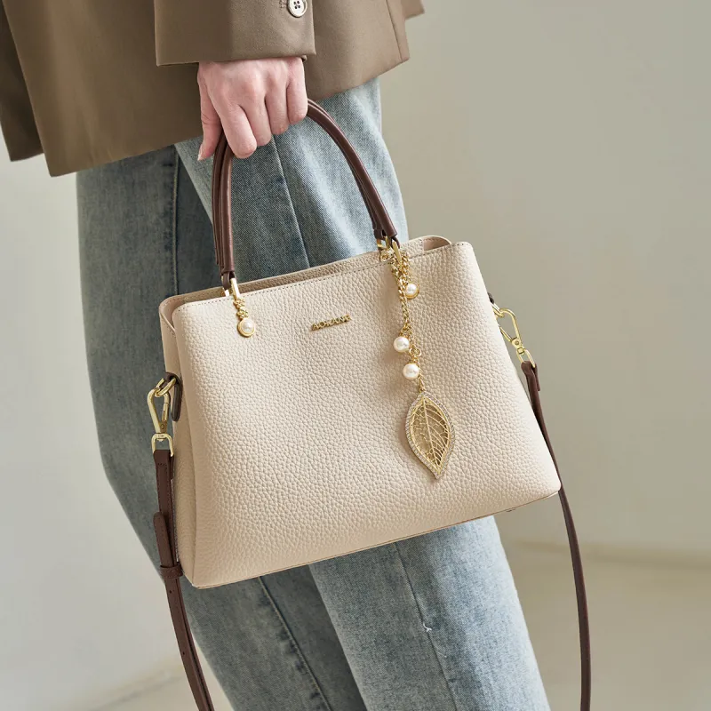 AOKANG Cow Leather Tote Handbag, Shoulder Bag, Crossbody Bag Women's Ecru/Classic Black/Pearl Blue-2