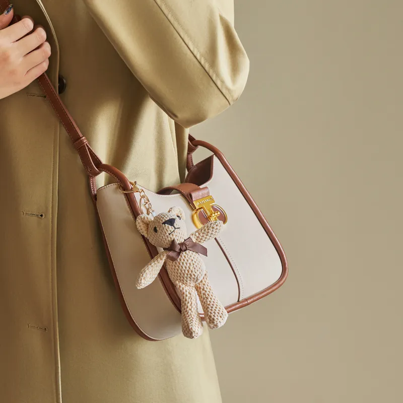 AOKANG Cow Leather Shoulder Bag Saddle Bag Shoulder Bag Medium Size Women's Off-White/Caramel Brown/Classic Black-4
